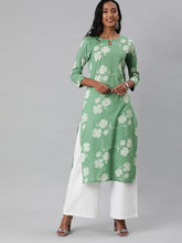 Women Cotton Green Floral Printed Straight Kurta